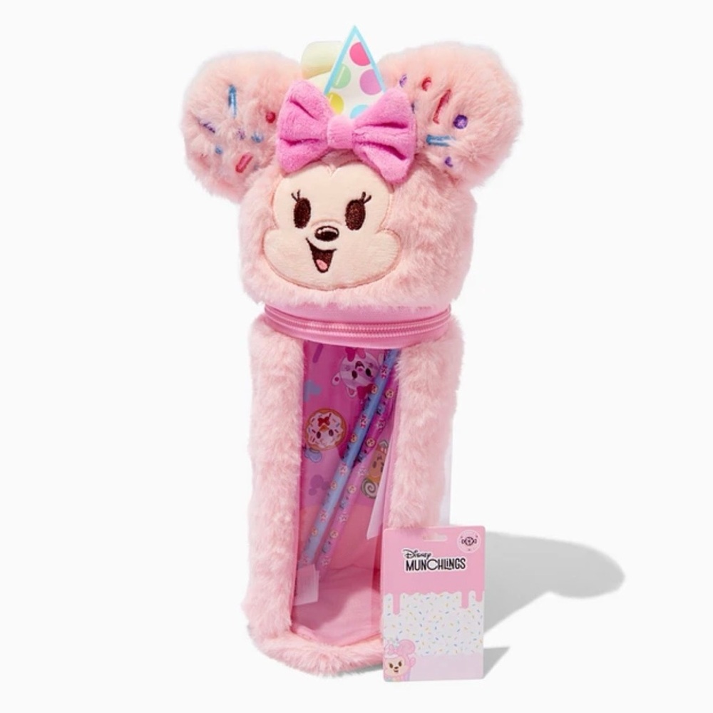 Disney Pink Minnie Mouse Furry Pencil Pouch Case Set